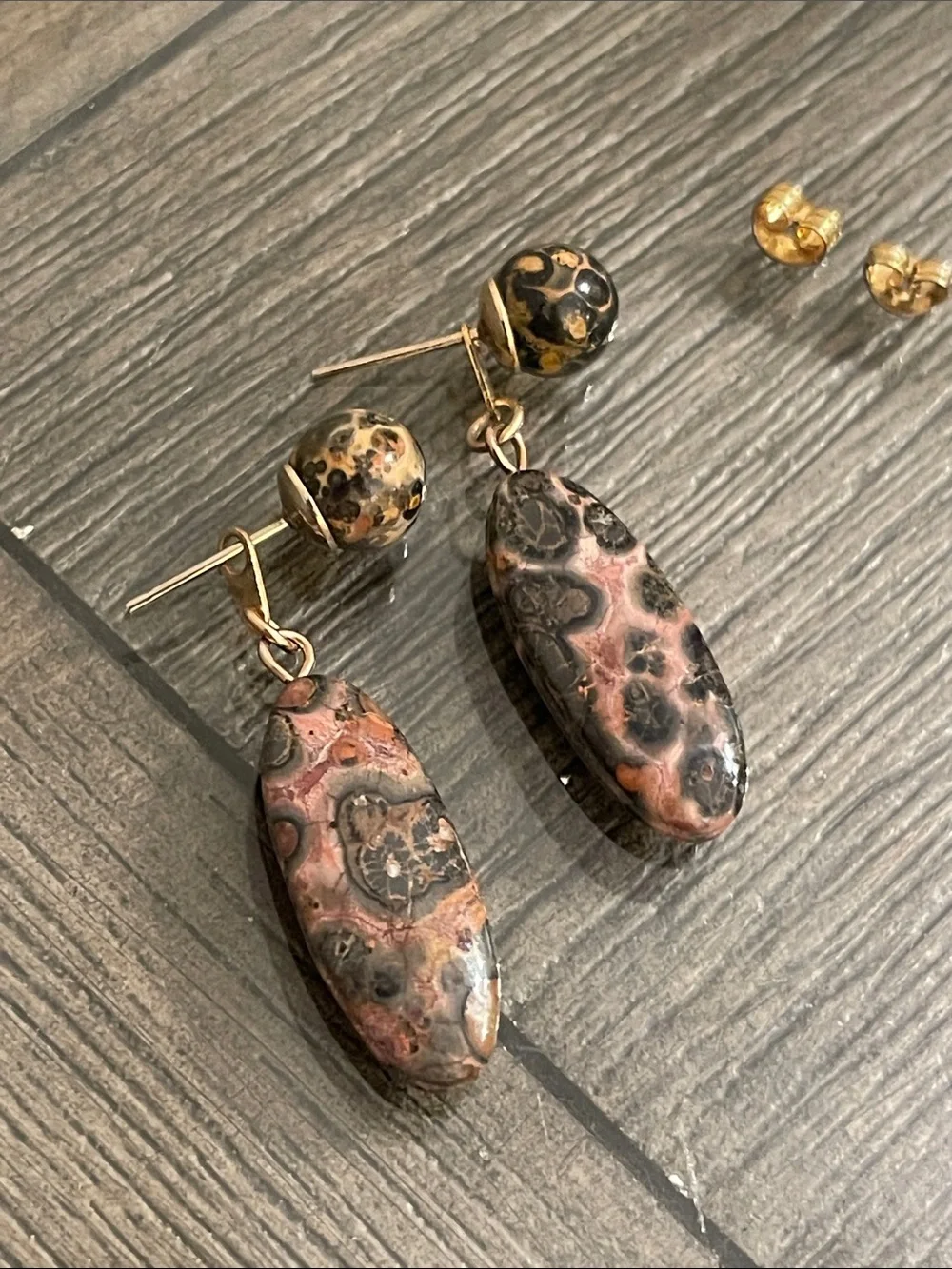 Vintage Leopard Skin Jasper Oval Dangle Drop Earrings Ball/Post Convertible
